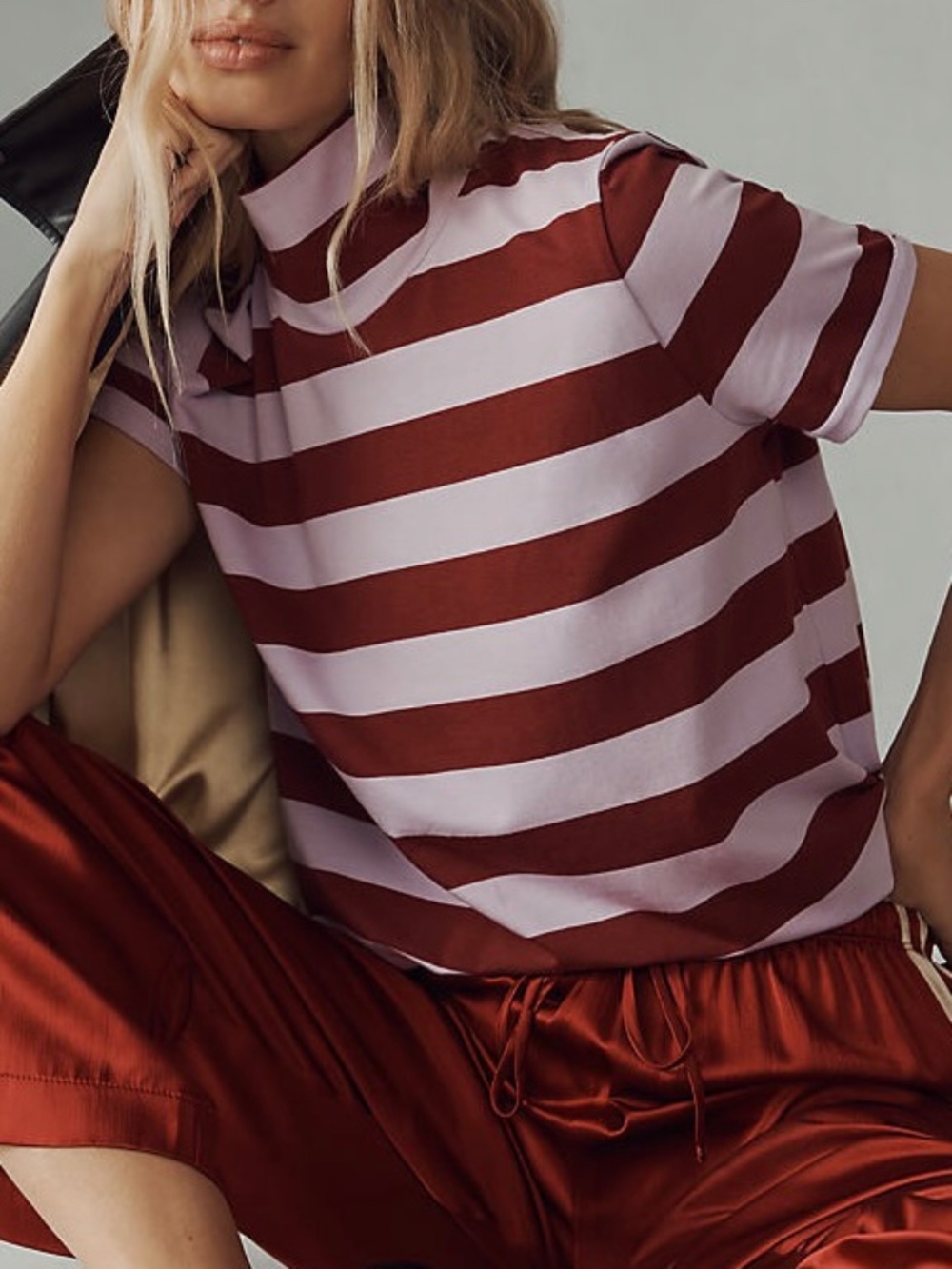 Maeve Anthropologie Striped Mock Neck Tee Size M Pink Burgundy Short Sleeve